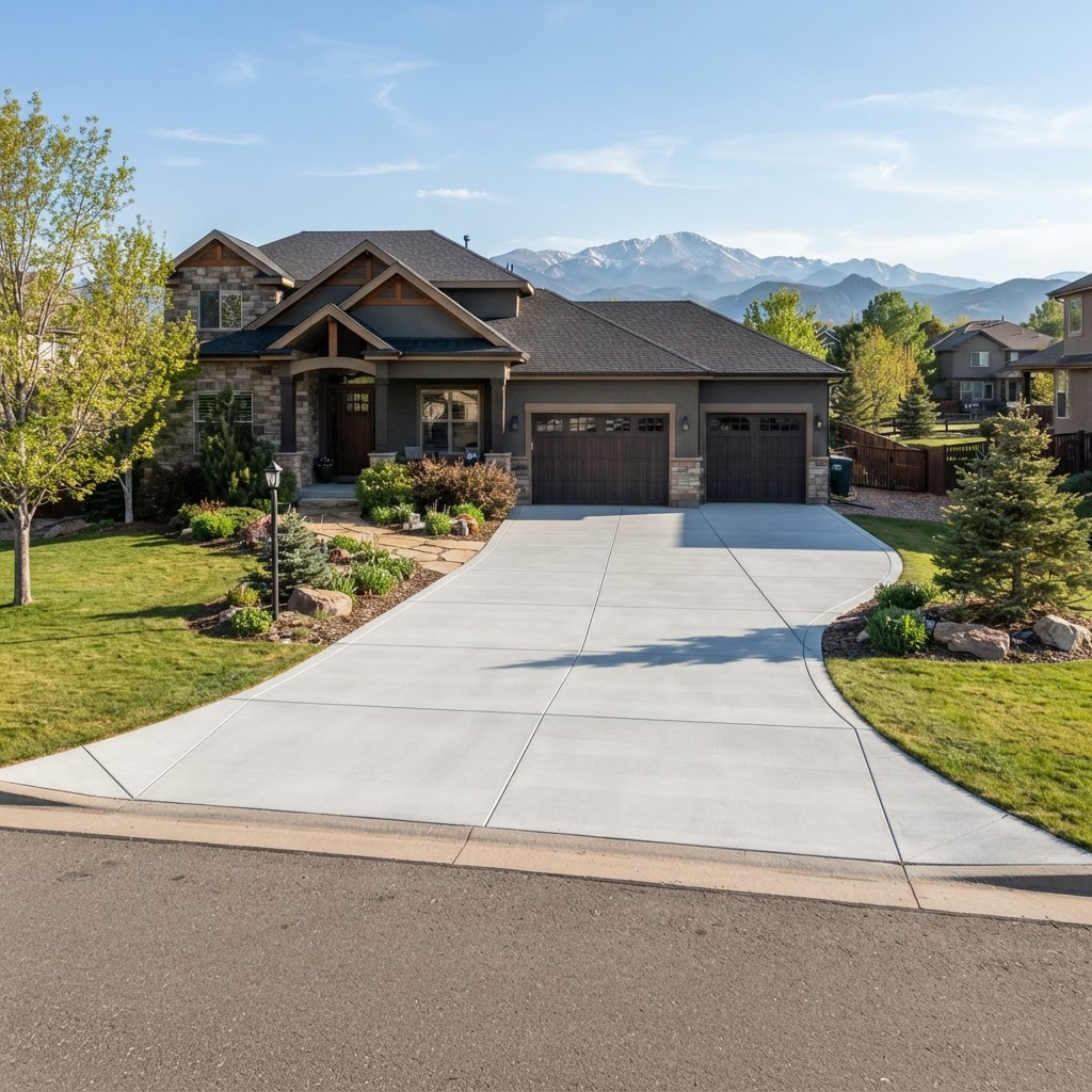 Freshly poured concrete driveway in front of a Colorado home
